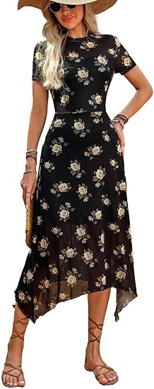 Women's Wedding Guest Floral Print Vintage Goth Dress Mesh Spliced Double-Layered Irregular Hemline Midi Dresses