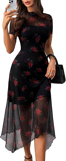 Women's Wedding Guest Floral Print Vintage Goth Dress Mesh Spliced Double-Layered Irregular Hemline Midi Dresses